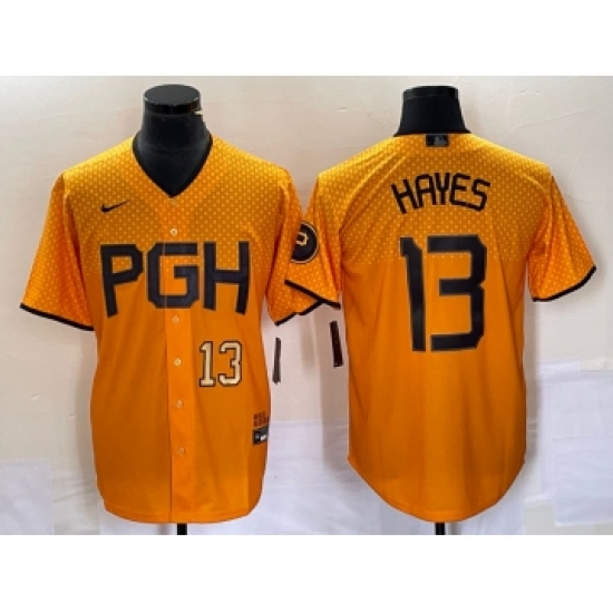 Men's Nike Pittsburgh Pirates 13 KeBryan Hayes Number Gold 2023 City Connect Stitched Jersey2