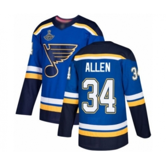 Youth St. Louis Blues 34 Jake Allen Authentic Royal Blue Home 2019 Stanley Cup Champions Hockey Jersey