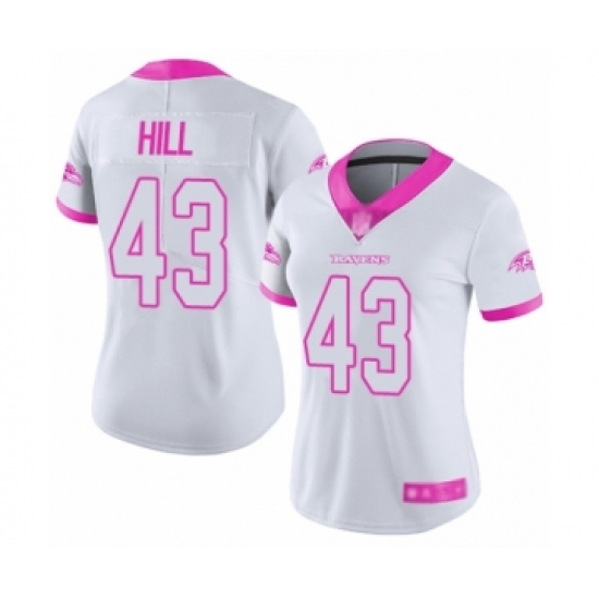 Women's Baltimore Ravens 43 Justice Hill Limited White Pink Rush Fashion Football Jersey