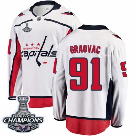 Youth Washington Capitals 91 Tyler Graovac Fanatics Branded White Away Breakaway 2018 Stanley Cup Final Champions NHL Jersey