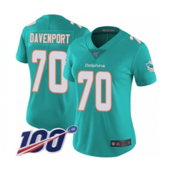 Women's Miami Dolphins 70 Julie'n Davenport Aqua Green Team Color Vapor Untouchable Limited Player 100th Season Football Jersey