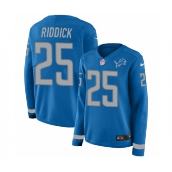 Women's Nike Detroit Lions 25 Theo Riddick Limited Blue Therma Long Sleeve NFL Jersey