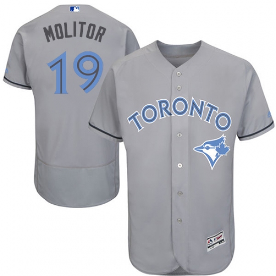 Men's Majestic Toronto Blue Jays 19 Paul Molitor Authentic Gray 2016 Father's Day Fashion Flex Base MLB Jersey