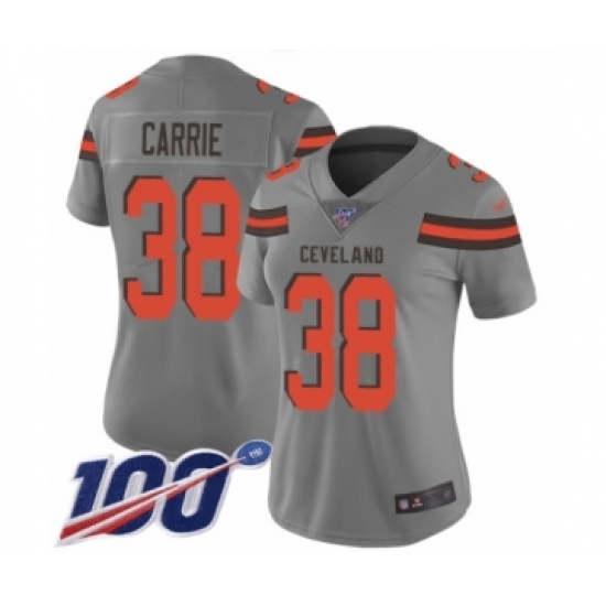 Women's Cleveland Browns 38 T. J. Carrie Limited Gray Inverted Legend 100th Season Football Jersey