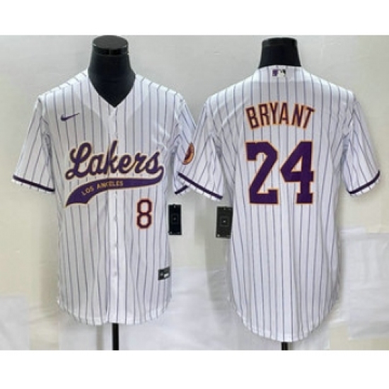 Men's Los Angeles Lakers 8 24 Kobe Bryant White Pinstripe Cool Base Stitched Baseball Jersey