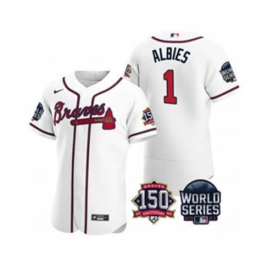Men's Atlanta Braves 1 Ozzie Albies 2021 White World Series Flex Base With 150th Anniversary Patch Baseball Jersey