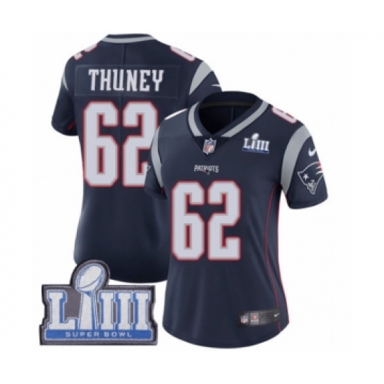 Women's Nike New England Patriots 62 Joe Thuney Navy Blue Team Color Vapor Untouchable Limited Player Super Bowl LIII Bound NFL Jersey