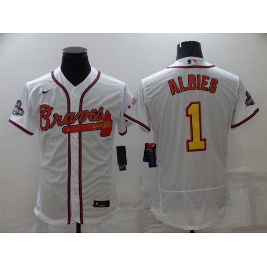 Men's Atlanta Braves 1 Ozzie Albies 2021 White Gold World Series Champions Jersey