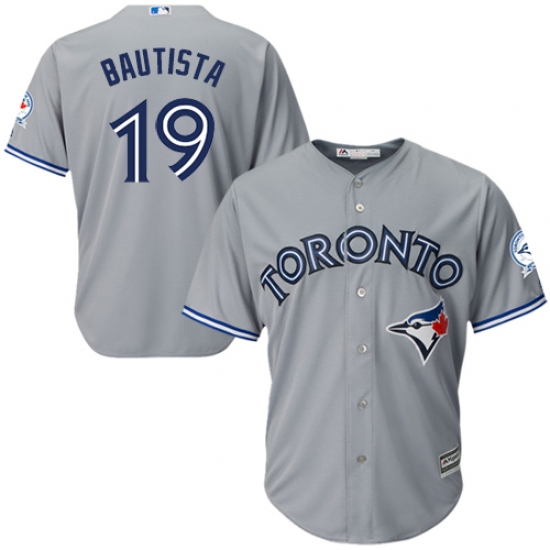 Men's Majestic Toronto Blue Jays 19 Jose Bautista Replica Grey Road 40th Anniversary Patch MLB Jersey