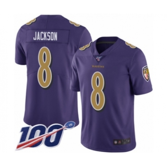 Men's Nike Baltimore Ravens 8 Lamar Jackson Limited Purple Rush Vapor Untouchable 100th Season NFL Jersey