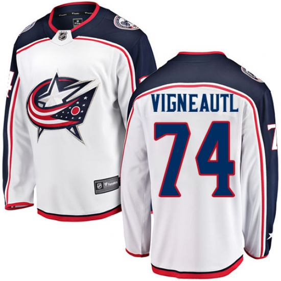 Men's Columbus Blue Jackets 74 Sam Vigneault Authentic White Away Fanatics Branded Breakaway NHL Jersey