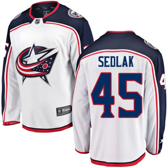 Youth Columbus Blue Jackets 45 Lukas Sedlak Fanatics Branded White Away Breakaway NHL Jersey