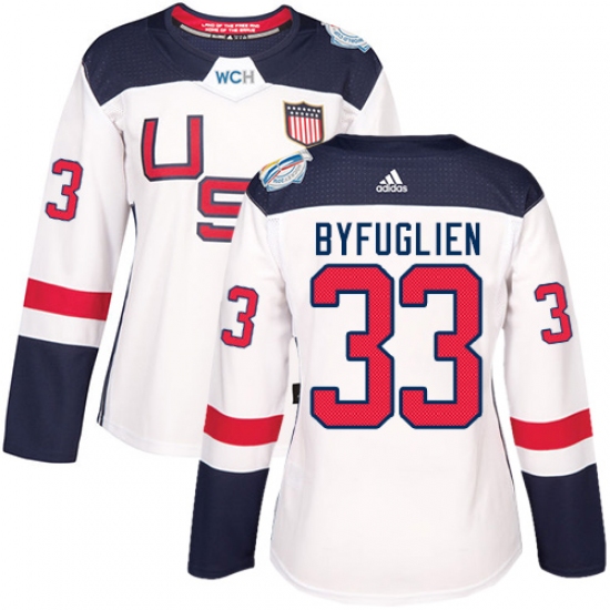 Women's Adidas Team USA 33 Dustin Byfuglien Authentic White Home 2016 World Cup Hockey Jersey