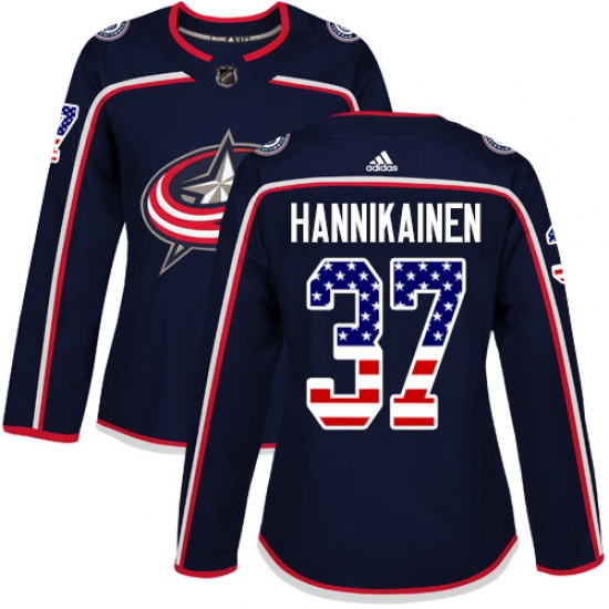 Women's Adidas Columbus Blue Jackets 37 Markus Hannikainen Authentic Navy Blue USA Flag Fashion NHL Jersey