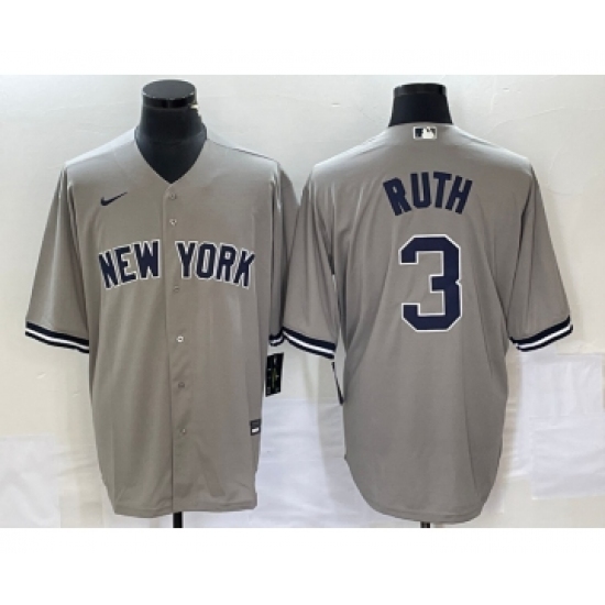 Men's Nike New York Yankees 3 Babe Ruth Grey Stitched Cool Base Nike Jersey