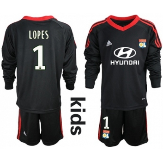 Lyon 1 Lopes Black Goalkeeper Long Sleeves Kid Soccer Club Jersey