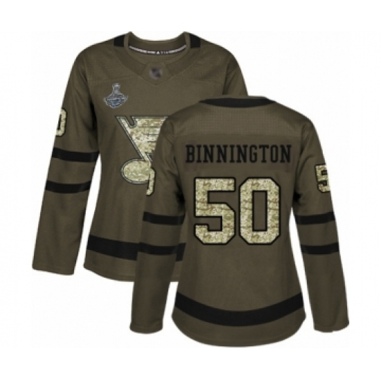 Women's St. Louis Blues 50 Jordan Binnington Authentic Green Salute to Service 2019 Stanley Cup Champions Hockey Jersey