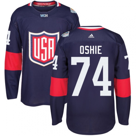 Men's Adidas Team USA 74 T. J. Oshie Premier Navy Blue Away 2016 World Cup Ice Hockey Jersey