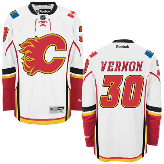 Men's Reebok Calgary Flames 30 Mike Vernon Authentic White Away NHL Jersey