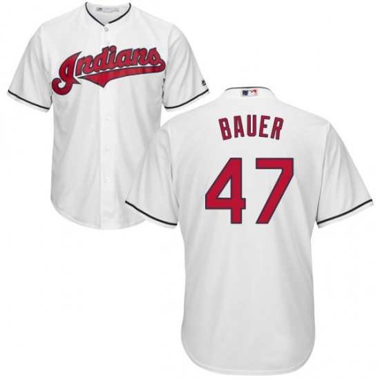 Youth Majestic Cleveland Indians 47 Trevor Bauer Replica White Home Cool Base MLB Jersey