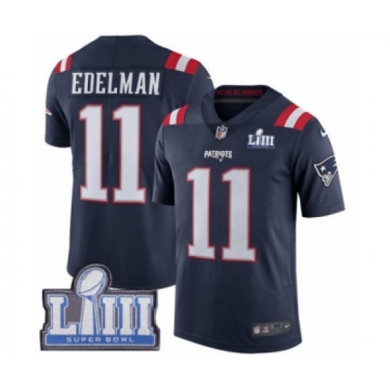 Youth Nike New England Patriots 11 Julian Edelman Limited Navy Blue Rush Vapor Untouchable Super Bowl LIII Bound NFL Jersey