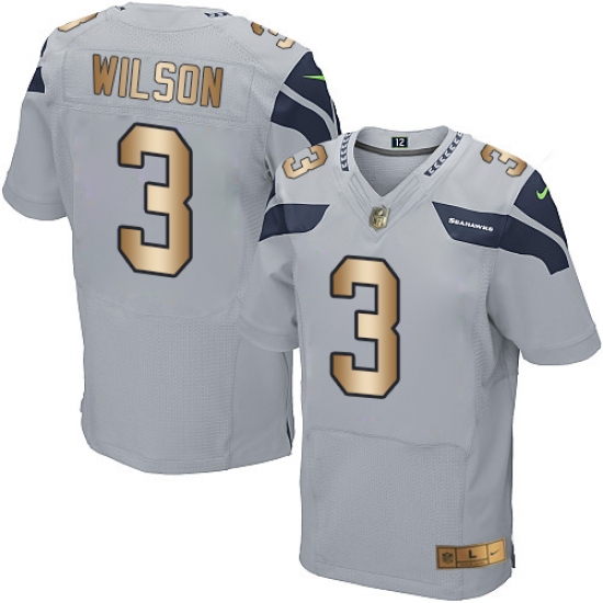 Men's Nike Seattle Seahawks 3 Russell Wilson Elite Grey/Gold Alternate NFL Jersey