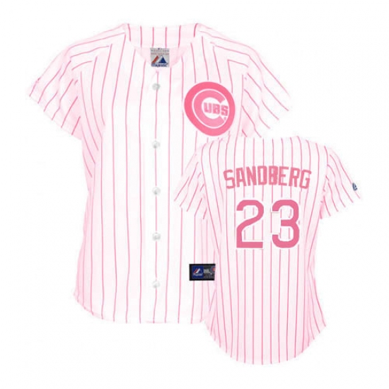 Women's Majestic Chicago Cubs 23 Ryne Sandberg Authentic White/Pink Strip Fashion MLB Jersey