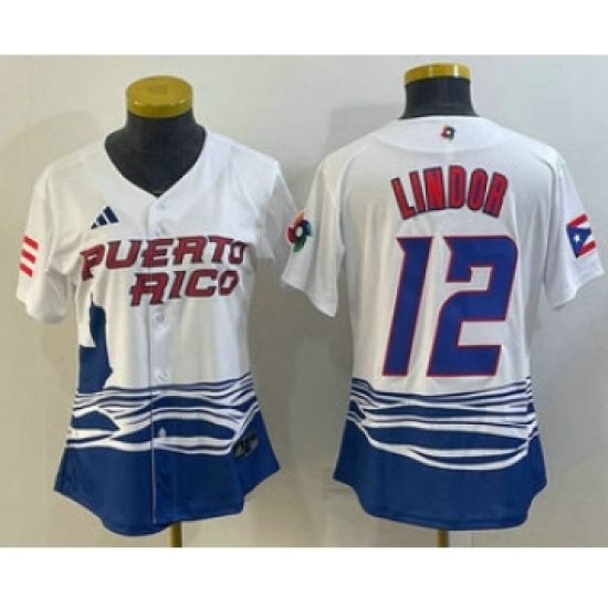 Women's Puerto Rico Baseball 12 Francisco Lindor 2023 White World Classic Stitched Jersey