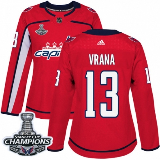 Women's Adidas Washington Capitals 13 Jakub Vrana Authentic Red Home 2018 Stanley Cup Final Champions NHL Jersey