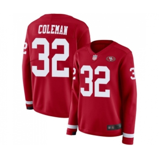 Women's San Francisco 49ers 32 Tevin Coleman Limited Red Therma Long Sleeve Football Jersey
