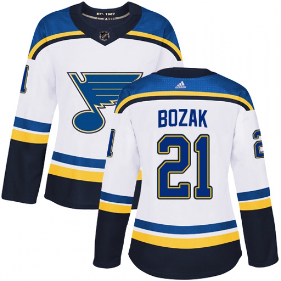 Women's Adidas St. Louis Blues 21 Tyler Bozak Authentic White Away NHL Jersey