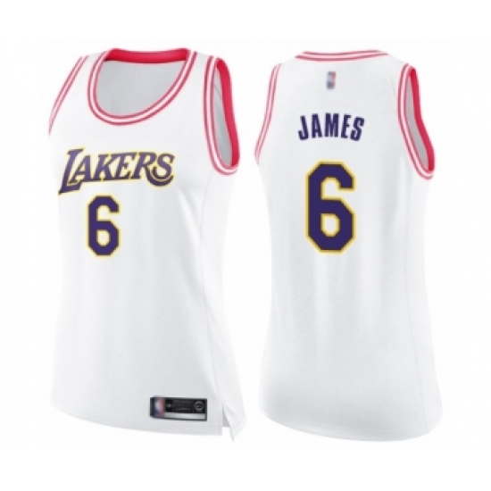 Women's Los Angeles Lakers 6 LeBron James Swingman White Pink Fashion Basketball Jersey