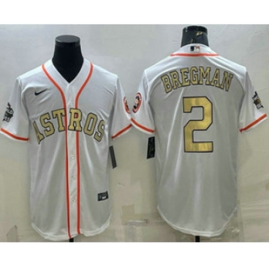 Men's Houston Astros 2 Alex Bregman White Gold 2022 World Series Champions Stitched Cool Base Nike Jersey