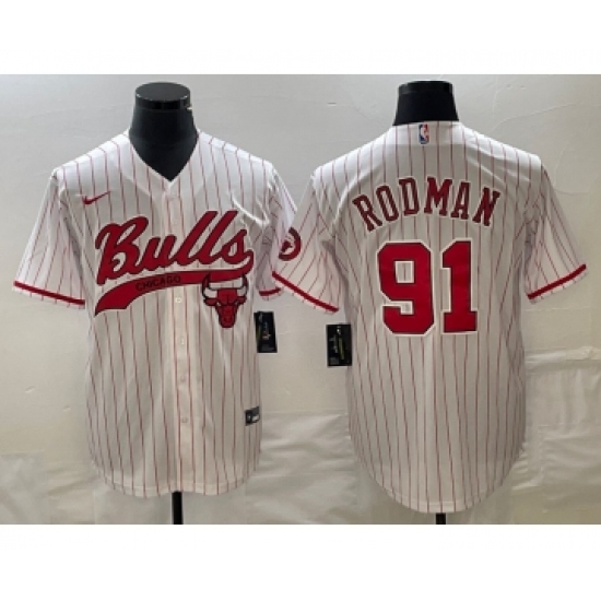 Men's Chicago Bulls 91 Dennis Rodman White Pinstripe Cool Base Stitched Baseball Jersey