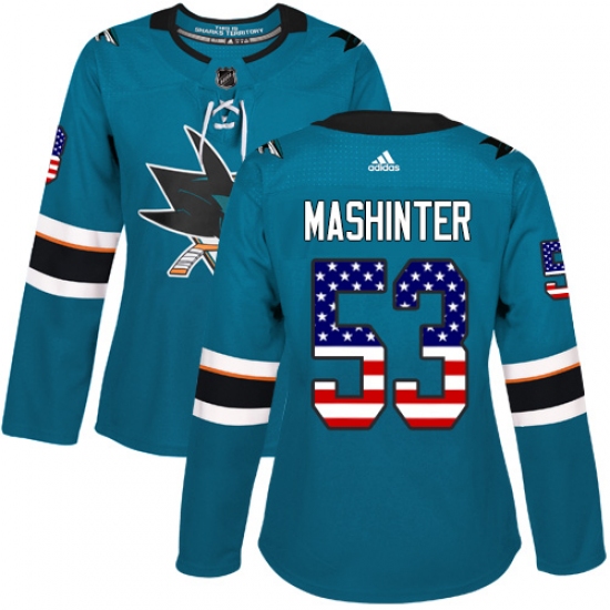 Women's Adidas San Jose Sharks 53 Brandon Mashinter Authentic Teal Green USA Flag Fashion NHL Jersey