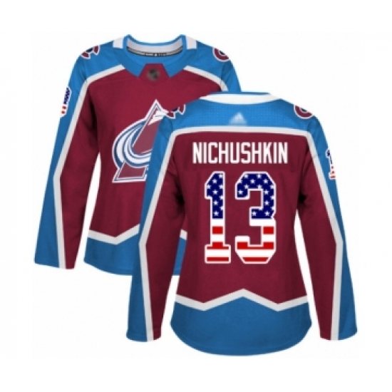 Women's Colorado Avalanche 13 Valeri Nichushkin Authentic Burgundy Red USA Flag Fashion Hockey Jersey