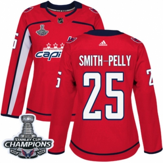 Women's Adidas Washington Capitals 25 Devante Smith-Pelly Authentic Red Home 2018 Stanley Cup Final Champions NHL Jersey