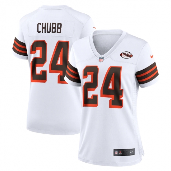 Women's Cleveland Browns 24 Nick Chubb Nike White 1946 Collection Alternate Jersey