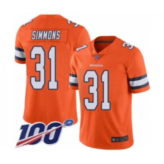 Men's Denver Broncos 31 Justin Simmons Limited Orange Rush Vapor Untouchable 100th Season Football Jersey