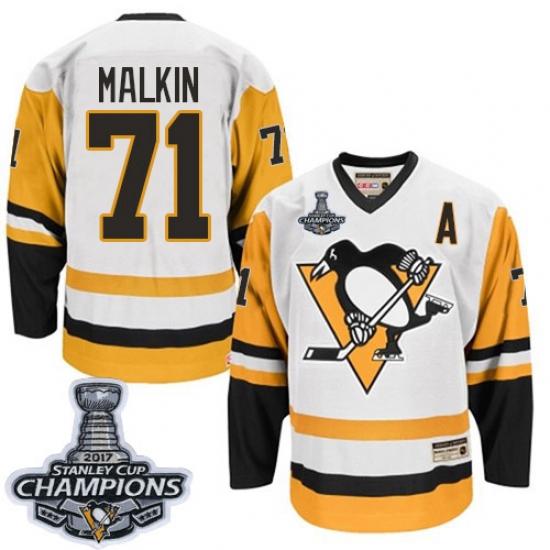 Men's CCM Pittsburgh Penguins 71 Evgeni Malkin Authentic White Throwback 2017 Stanley Cup Champions NHL Jersey