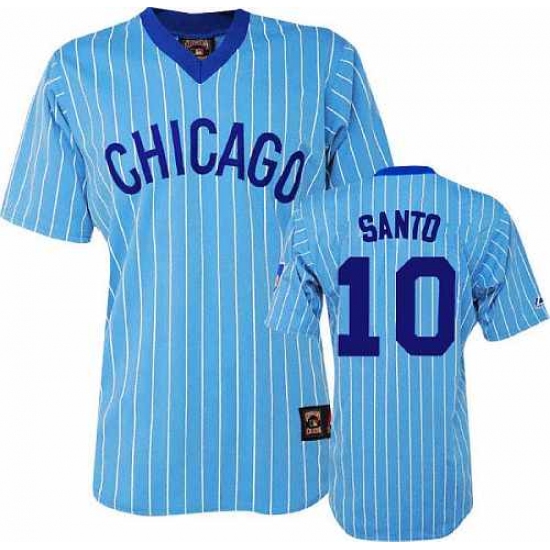 Men's Majestic Chicago Cubs 10 Ron Santo Authentic Blue/White Strip Cooperstown Throwback MLB Jersey