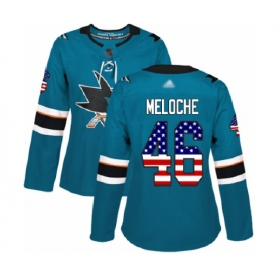 Women's San Jose Sharks 46 Nicolas Meloche Authentic Teal Green USA Flag Fashion Hockey Jersey