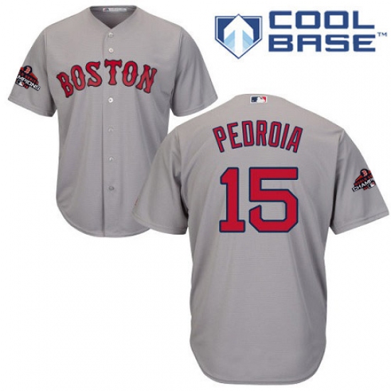 Youth Majestic Boston Red Sox 15 Dustin Pedroia Authentic Grey Road Cool Base 2018 World Series Champions MLB Jersey