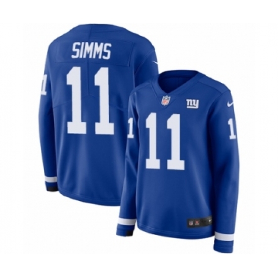 Women's Nike New York Giants 11 Phil Simms Limited Royal Blue Therma Long Sleeve NFL Jersey