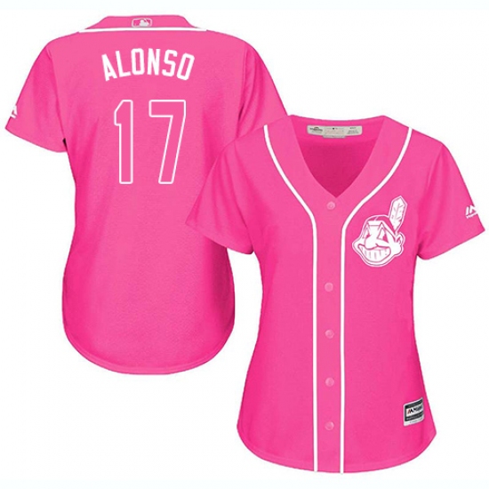 Women's Majestic Cleveland Indians 17 Yonder Alonso Replica Pink Fashion Cool Base MLB Jersey