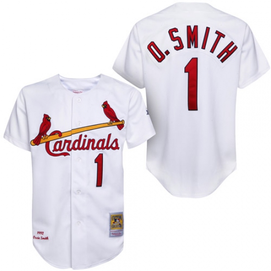 Men's Mitchell and Ness 1992 St. Louis Cardinals 1 Ozzie Smith Replica White Throwback MLB Jersey