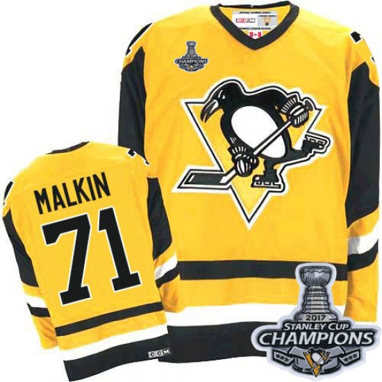 Men's CCM Pittsburgh Penguins 71 Evgeni Malkin Authentic Gold Throwback 2017 Stanley Cup Champions NHL Jersey