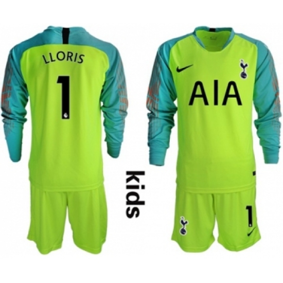 Tottenham Hotspur 1 Lloris Shiny Green Goalkeeper Long Sleeves Kid Soccer Club Jersey