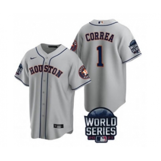 Men's Houston Astros 1 Carlos Correa 2021 Gray World Series Cool Base Stitched Baseball Jersey