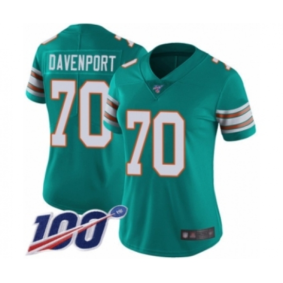 Women's Miami Dolphins 70 Julie'n Davenport Aqua Green Alternate Vapor Untouchable Limited Player 100th Season Football Jersey